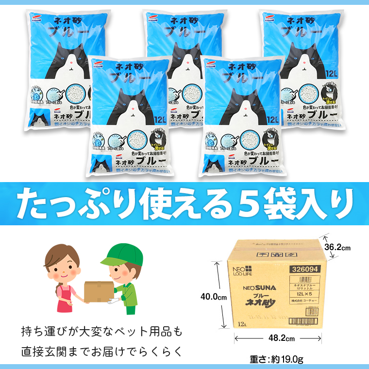 たっぷり使える５袋（１ケース）でお届け！！持ち運びが大変なネコ砂も直接玄関までお届けでらくらく。