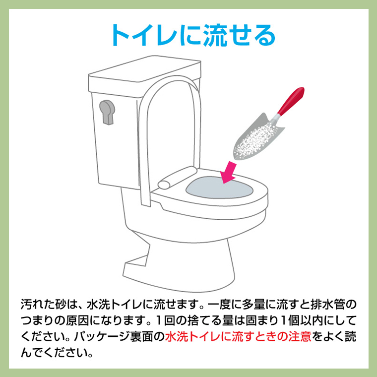 汚れた砂は水洗トイレに流せます。一度に多量に流すと排水管のつまりの原因になります。１回の捨てる量は固まり１個以内にしてください。